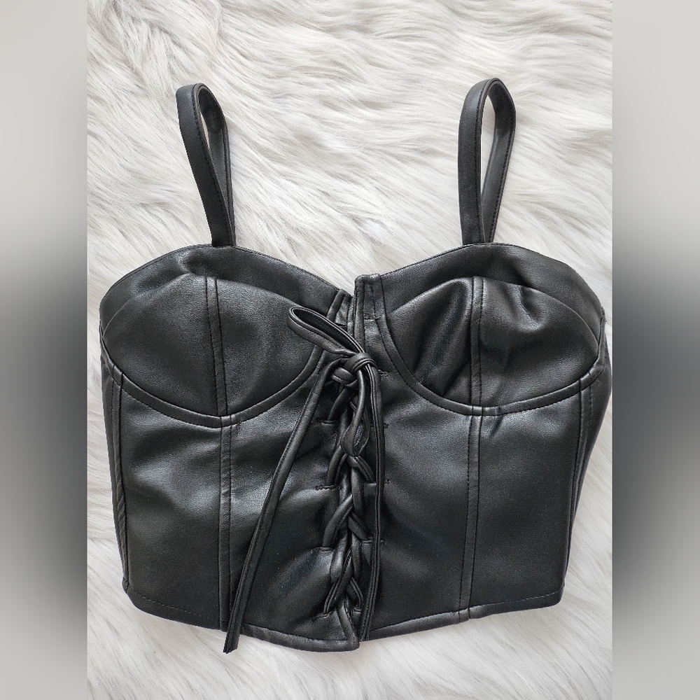 Rubies black faux leather lace up vinyl stretch bustier harley small RARE